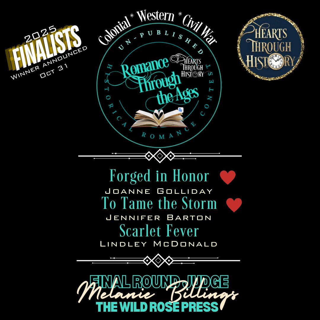 HHRW's tweet image. Hearts Through History is thrilled to announce the following finalists in the Un-Published division of our Romance Through The Ages Contest for #historicalromance.
Finalists have been notified by email. #writingcontest #RomanceReads #regencyromance #victorianromance