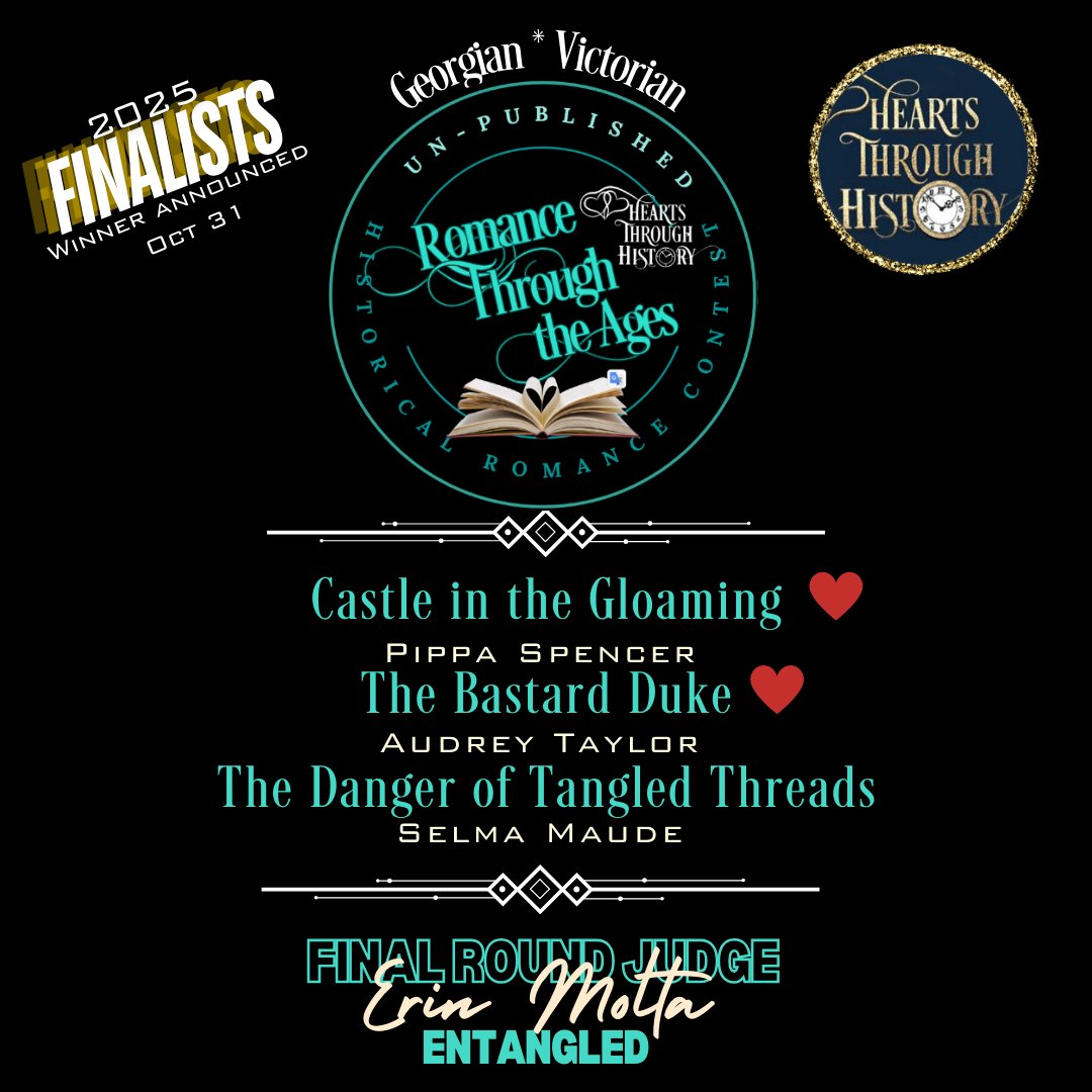 HHRW's tweet image. Hearts Through History is thrilled to announce the following finalists in the Un-Published division of our Romance Through The Ages Contest for #historicalromance.
Finalists have been notified by email. #writingcontest #RomanceReads #regencyromance #victorianromance