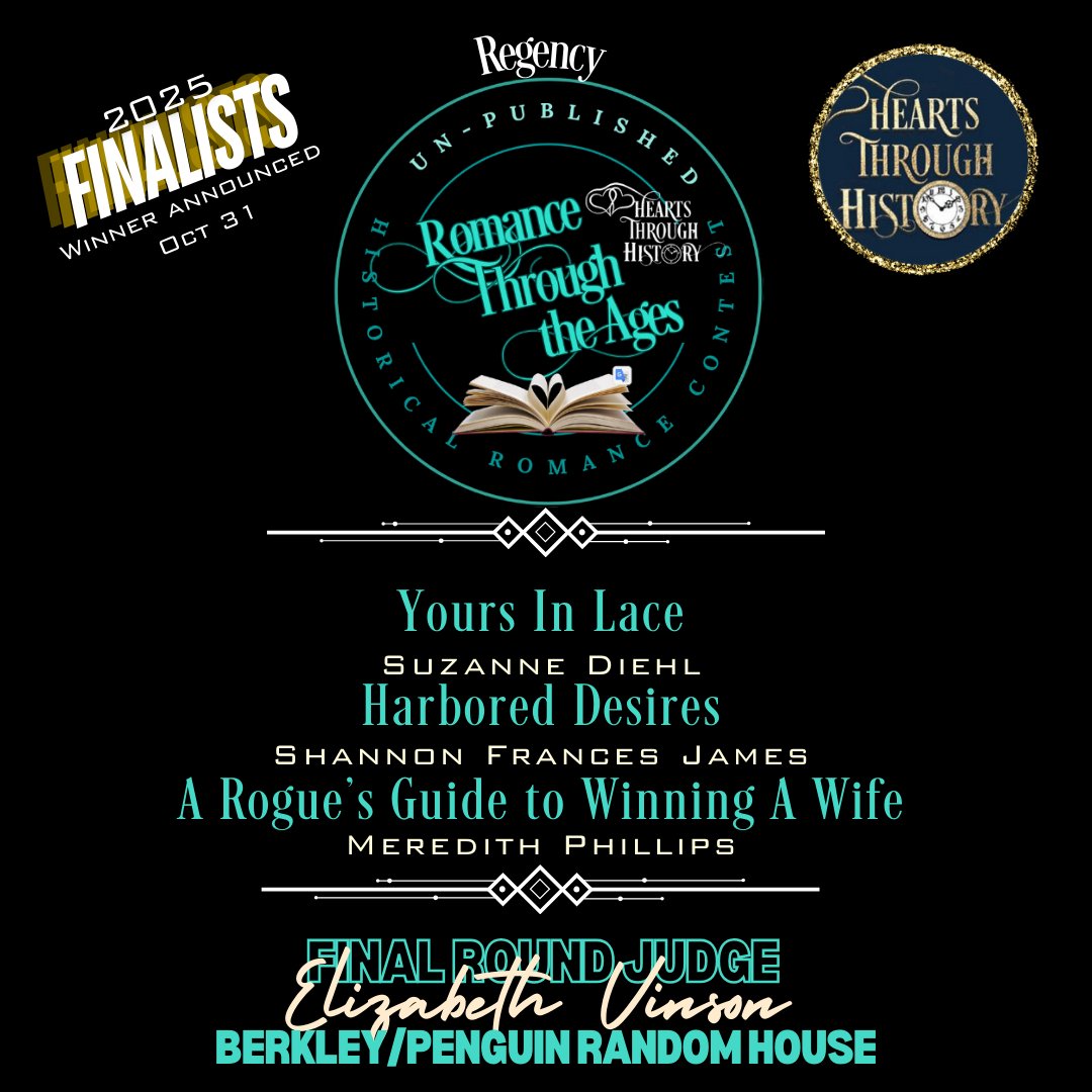 HHRW's tweet image. Hearts Through History is thrilled to announce the following finalists in the Un-Published division of our Romance Through The Ages Contest for #historicalromance.
Finalists have been notified by email. #writingcontest #RomanceReads #regencyromance #victorianromance