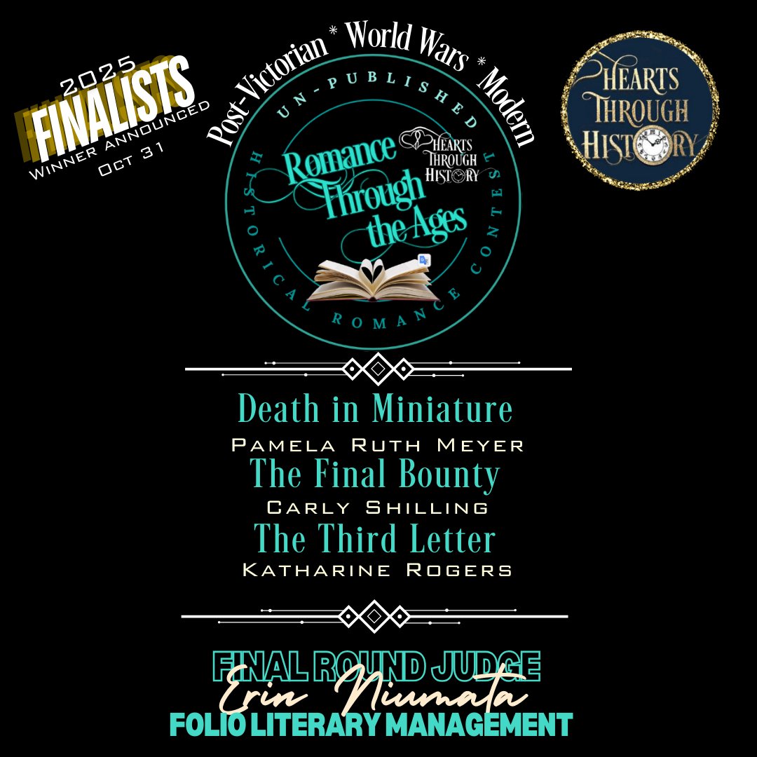 HHRW's tweet image. Hearts Through History is thrilled to announce the following finalists in the Un-Published division of our Romance Through The Ages Contest for #historicalromance.
Finalists have been notified by email. #writingcontest #RomanceReads #regencyromance #victorianromance