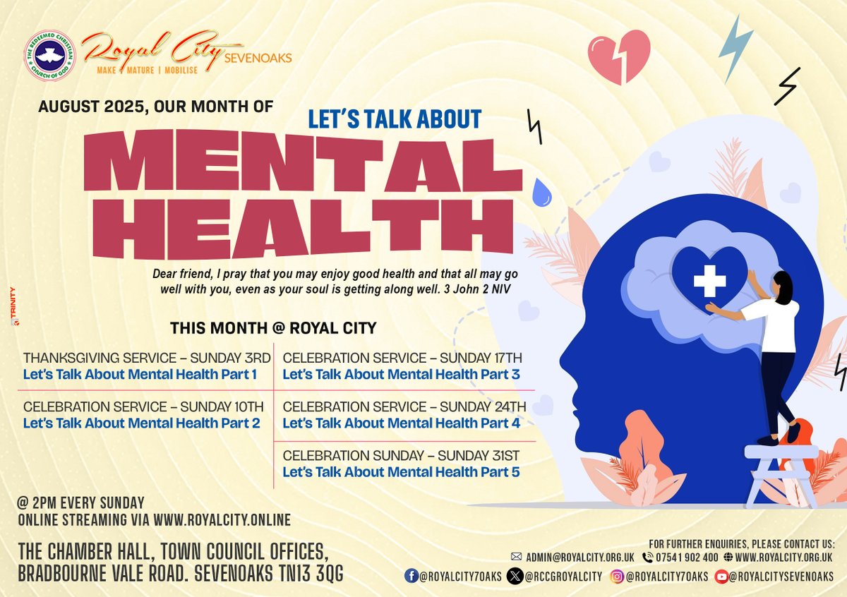 RCCGRoyalCity's tweet photo. Celebration Service | Safeguarding Your #MentalHealth holds today 24th August 2025 @ 2pm, join us as we share and discuss about mental health and receive information, resources and grace from our King...
https://t.co/dv1AEe80Gs
#RebuildingMyLifeWithJesus #GreaterExploits https://t.co/u3z5cAgV67