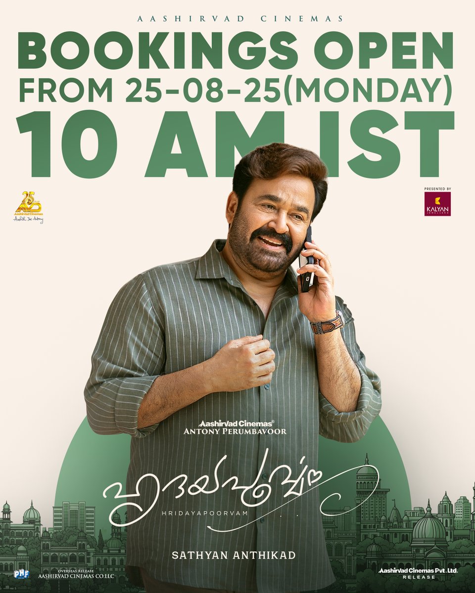 Bookings for #Hridayapoorvam are opening tomorrow at 10 AM! Get ready to grab your seats.

#SathyanAnthikad #AashirvadCinemas #August28 #OnamRelease