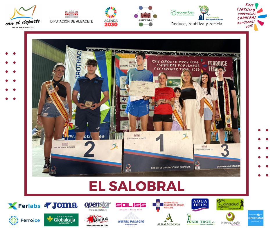 🚩 #CCPP | En la Carrera Popular de #ElSalobral, Germán García Sánchez (C.A. San Blas Elche de la Sierra), 1º clasificado masculino de la categoría Junior, recibió el premio, valorado en 100€, que Studio Pilates Nieves Azaña entregará en cada una de las pruebas del Circuito.