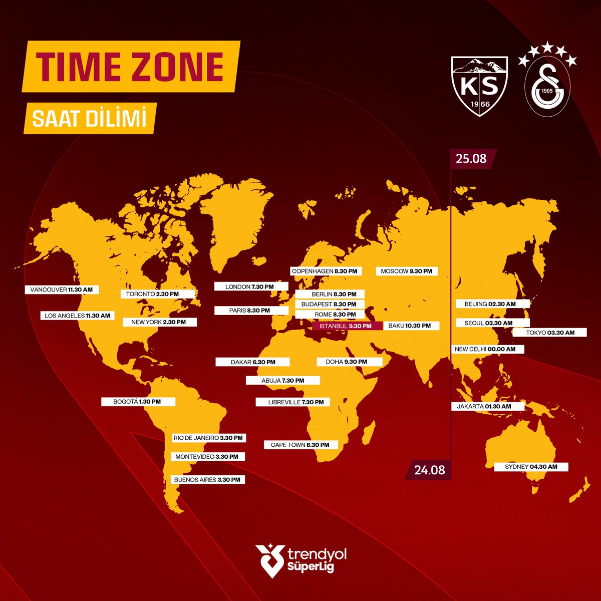 ⏱️ Dünyanın farklı noktalarındaki taraftarlarımızın bugün oynayacağımız Z. Kayserispor maçını izleyebileceği saatler 👇 #KYSvGS