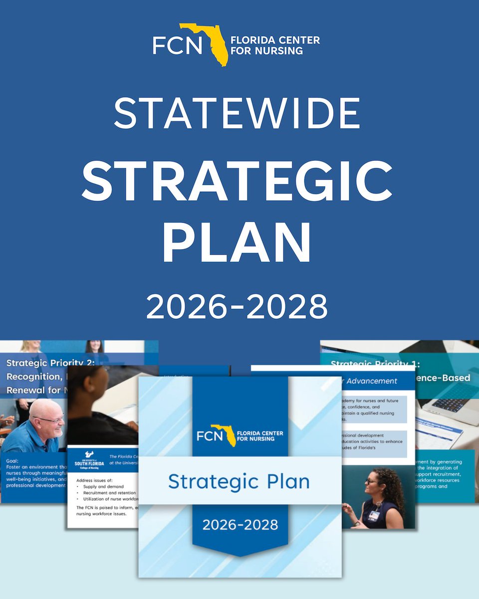 The Florida Center for Nursing has published the FY26-28 Strategic Plan: flcntr.org/strategic-plan

Updated strategic priorities include expanding research capacity, supporting nurse well-being and renewal, and promoting evidence-based practice.

#nurse #nursing #FloridaNursing