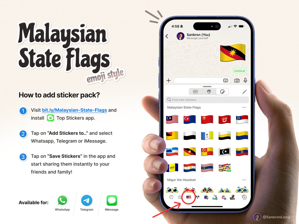 You guys asked for it! Here it is!

Follow the steps to add "Malaysian State Flags" sticker packs into your WhatsApp, Telegram or iMessage

Don't need Top Stickers subscription.
Just click "x" when I open the app for the first time.
It's FREE!

If the link doesn't work, just