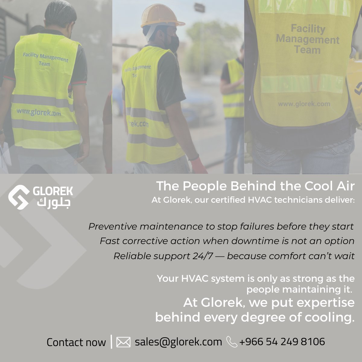 The People Behind the Cool Air ❄️

In Saudi Arabia’s 45°C heat, comfort isn’t a luxury — it’s survival.
Behind every perfectly cooled space, there’s a team of Glorek experts making it happen.
At Glorek, our certified HVAC technicians deliver:
⚡ Proactive Maintenance — stopping