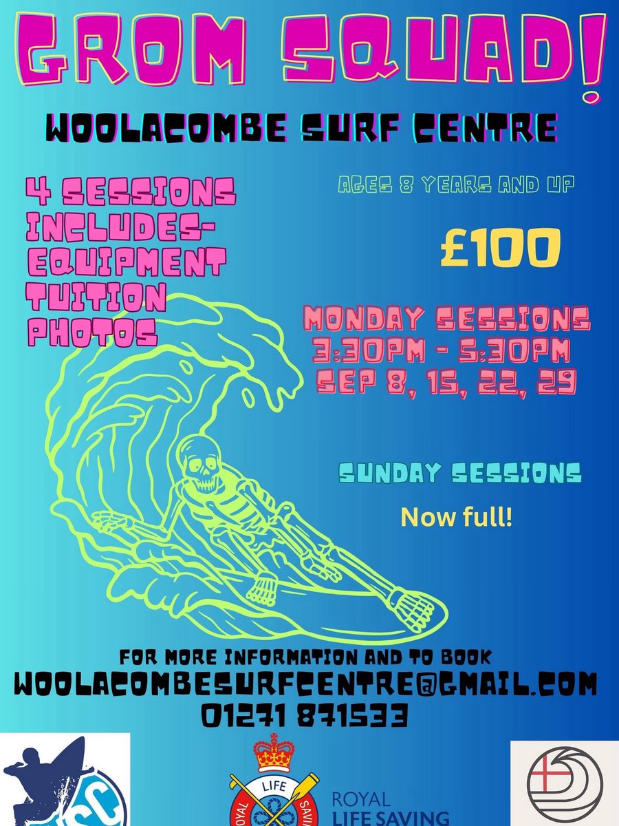 Grom Squad Autumn dates 🍁🤙☀️🌊Sunday are already full but currently spaces on Mondays squad, get in touch for info &amp; bookings #gromsquad @surfingengland #woolacombe #woolacombebeach #nextgeneration #surfers #progression #pathway #ocean #squad #frothers #surfschool #northdevon
