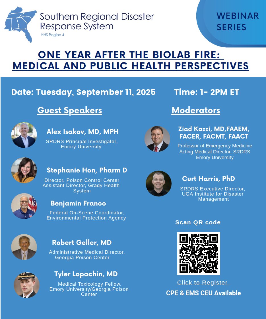 ZiadKazzi's tweet image. Join me on September 11, 2025  @SRDRSRegion4 for a webinar looking back #biolabfire @EmoryEM @acmtmedtox @PoisonCenterGA @GradyHealth @eapcct @CDCgov @EPA @PEHSUnational @MENATOX @Emory_CAEC @Region1RDHRS @ASPRgov @MPRDHRS @TheWRAPEM @EMORY_CEPAR