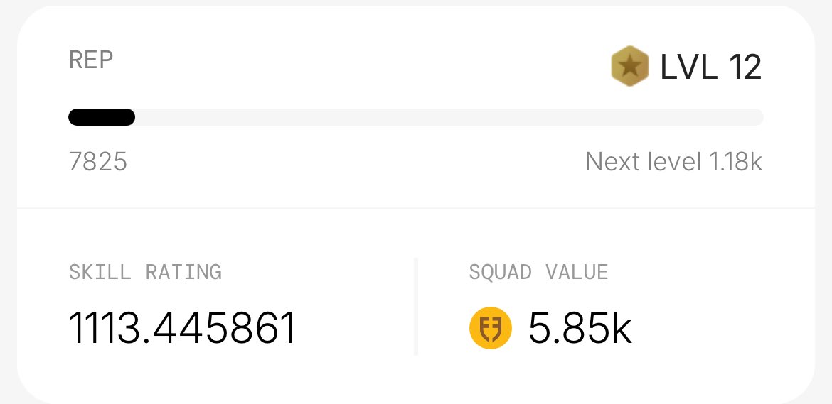 Football.Fun에서 StarPlatinum의 업데이트된 스쿼드 통계 스크린샷(REP 7825, 스쿼드 가치 €5.85k 표시)