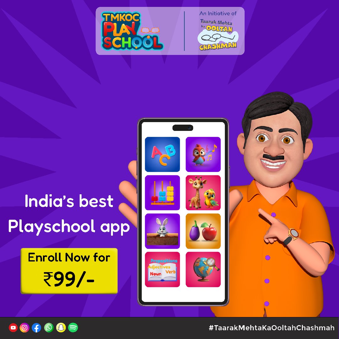 Turn playtime into learn time with TMKOC Play School
Join now at just ₹99/- 🎉 Limited time offer, don’t miss out!

Download now Google Play Store: play.google.com/store/apps/det… 

Apple Test Flight: testflight.apple.com/join/SYgGKcAG 

#tmkocplayschool #gamifiedlearning #tarakmehtakaultachashma