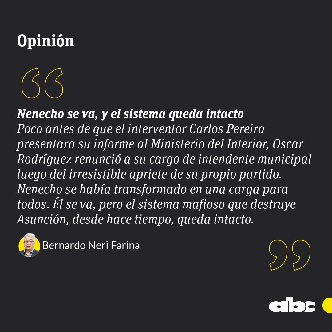 #OpiniónABC | "Nenecho se va, y el sistema queda intacto", por <a href="/BernardoFarina/">Bernardo Neri Farina</a>.

📱 abc.com.py/opinion/2025/0…

🔴Canal de WhatsApp: whatsapp.com/channel/0029Va…