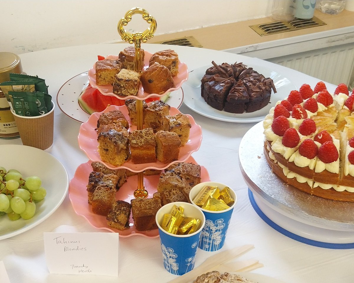 heidi_ed's tweet photo. I missed #TeaAt3 last week as I was at #MEMC25 talking about #TeaAt3 and #BuildingCultureThroughRitual. 
I'm back this week and we had raspberry victoria sponge, coffee shortbread, chocolate cake, tahini blondies, rosemary ,cheese and tomato sodabread 
#MoreThanJustCake @RCollEM https://t.co/rqBOfzvh1d