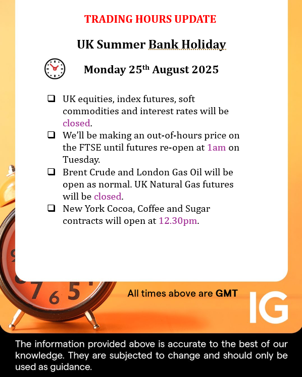 IGClientHelp's tweet image. 🚨Reminder🚨There will be a few changes to our opening/closing hours over the upcoming UK Summer Bank Holiday. You can have a look at a full list of affected markets here: bit.ly/43rhOKi @IGcom @IGAus @IG_Singapore @IGSouthAfrica @IGBank @IGInternational