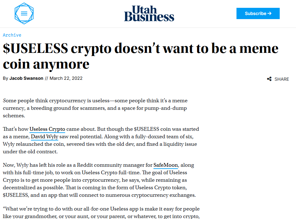 CryptoCarc's tweet photo. Fun fact: $Useless drew so much attention locally, it ultimately led to my nomination by Utah's Governor to the Blockchain &amp; Digital Innovation Task Force.

$50M mcap, 14k+ holders, 6k active app users.

So much for the "no notoriety" defense.

Bring it.

https://t.co/UHkAc14NeO https://t.co/pbm0o5BC2E