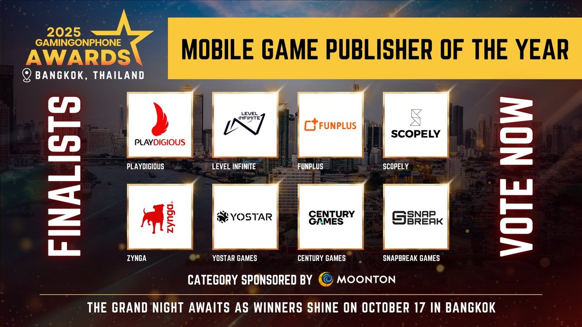 GamingonPhone (@gamingonphone) on Twitter photo Presenting the finalists for the GamingonPhone Awards 2025 (20/30) π
π Mobile Game Publisher Of The Year, sponsored by MOONTON Games
ποΈ <a href="/Playdigious/">Playdigious</a>
ποΈ <a href="/LevelInfinite/">Level Infinite</a>
ποΈ <a href="/FunPlusGames/">FunPlus</a>
ποΈ <a href="/scopely/">Scopely</a>
ποΈ <a href="/zynga/">Zynga</a>
ποΈ <a href="/YostarGlobal/">YostarGames</a>
ποΈ Century Games
ποΈ <a href="/SnapbreakGames/">Snapbreak π§© THE ABANDONED PLANET IS OUT!</a>
Voting is Presenting the finalists for the GamingonPhone Awards 2025 (20/30) π
π Mobile Game Publisher Of The Year, sponsored by MOONTON Games
ποΈ <a href="/Playdigious/">Playdigious</a>
ποΈ <a href="/LevelInfinite/">Level Infinite</a>
ποΈ <a href="/FunPlusGames/">FunPlus</a>
ποΈ <a href="/scopely/">Scopely</a>
ποΈ <a href="/zynga/">Zynga</a>
ποΈ <a href="/YostarGlobal/">YostarGames</a>
ποΈ Century Games
ποΈ <a href="/SnapbreakGames/">Snapbreak π§© THE ABANDONED PLANET IS OUT!</a>
Voting is