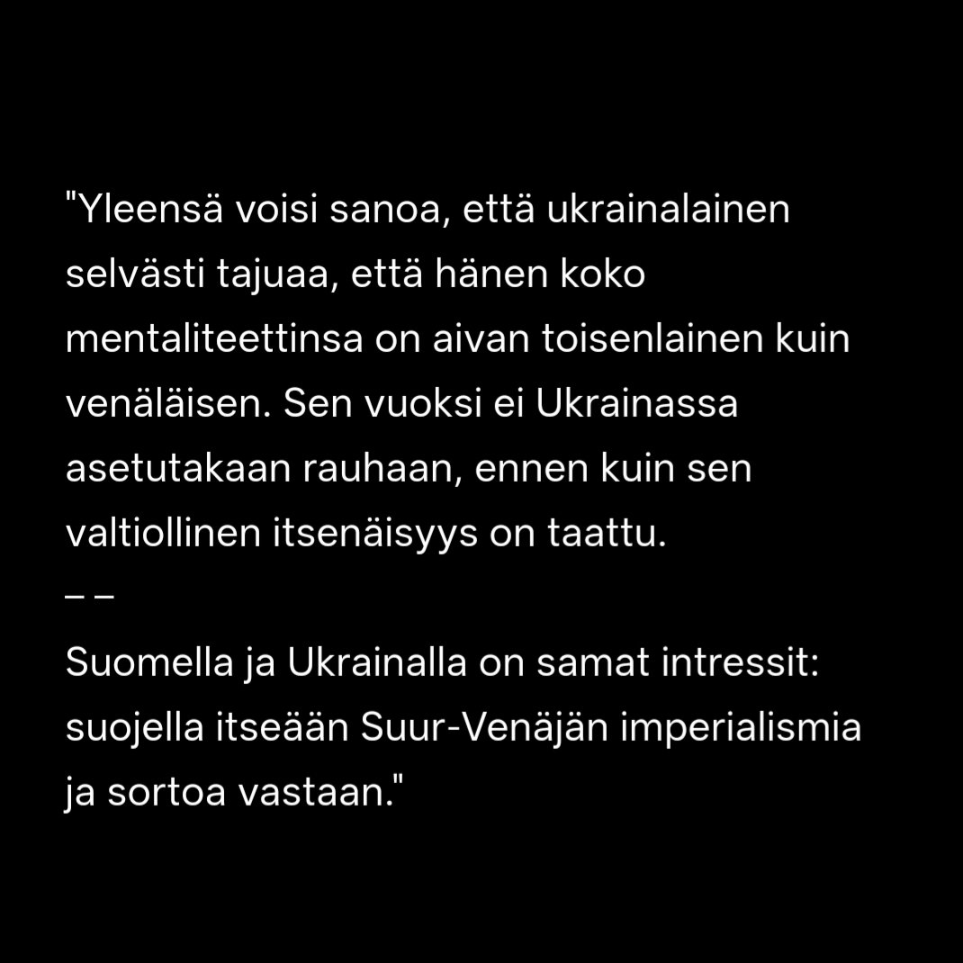 Ote Suomen ulkoministeriön tuntemattoman virkamiehen Ukrainaa koskevista muistiinpanoista vuodelta 1920. Ukraina haki tuolloin tukea Suomelta itsenäisyydelleen ja sen tunnustamiselle, eikä syy tuen hakemiselle ole muuttunut sadassa vuodessa: Venäjä ja sen imperialismi. #ukraina