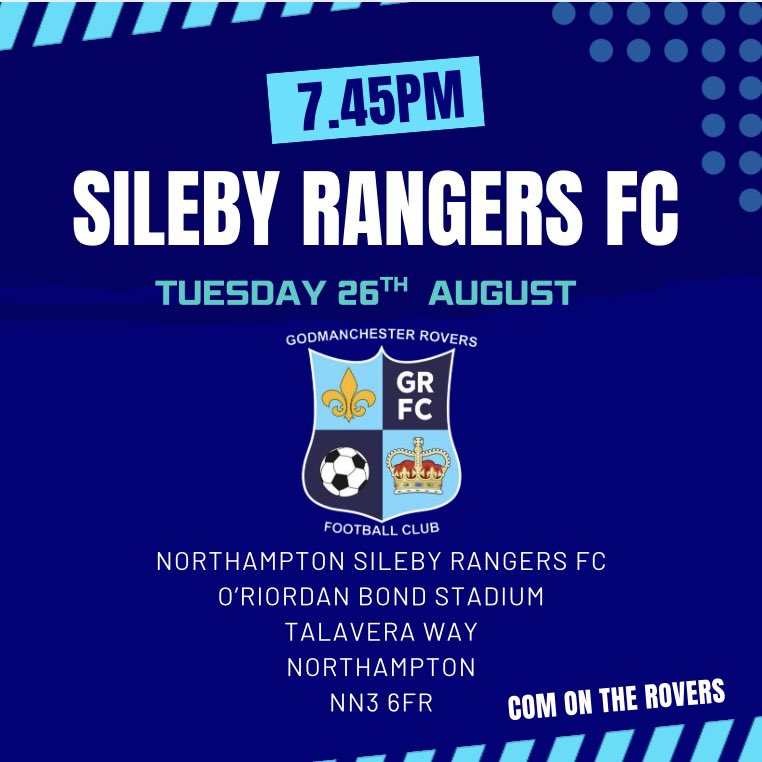 Godmanchester Rovers (@goddyroversfc) on Twitter photo Next up 💙⚽️💙
We are back at it on Tuesday evening 7.45pm away V Northampton Sileby Rangers FC, get along and get behind Seb & the lads 💙⚽️💙
<a href="/ClubSileby/">Northampton Sileby Rangers FC</a> <a href="/GoddyNews/">Godmanchester Rovers News</a> <a href="/utdcos/">UCL</a> <a href="/HuntsFA/">Huntingdonshire FA</a> <a href="/UCLFanZone/">UCL Fan Zone</a> <a href="/squeezefootball/">Squeeze</a> Next up 💙⚽️💙
We are back at it on Tuesday evening 7.45pm away V Northampton Sileby Rangers FC, get along and get behind Seb & the lads 💙⚽️💙
<a href="/ClubSileby/">Northampton Sileby Rangers FC</a> <a href="/GoddyNews/">Godmanchester Rovers News</a> <a href="/utdcos/">UCL</a> <a href="/HuntsFA/">Huntingdonshire FA</a> <a href="/UCLFanZone/">UCL Fan Zone</a> <a href="/squeezefootball/">Squeeze</a>