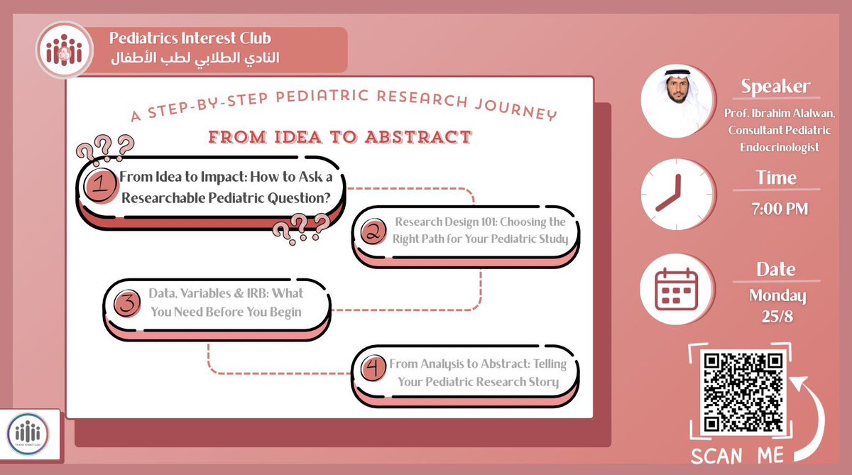 💡 Got a research idea but don’t know how to shape it?
✨ Learn how to turn everyday clinical observations into strong, researchable questions!

🎤 With Prof. Ibrahim Alalwan — Consultant Pediatric Endocrinologist &amp; Ex VP of Postgrad Education, KSAU-HS. Author of 80+