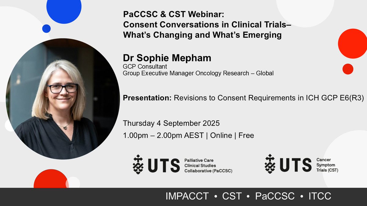 UTS_CST's tweet image. Bringing extensive experience in the #ClinicalTrial arena, Sophie will present on changes to consent requirements with the release of #GCP R3. 

Register for this free webinar today: events.humanitix.com/2025-paccsc-an… 

#ClinicalTrials #InformedConsent #HealthEquity #AIinHealth