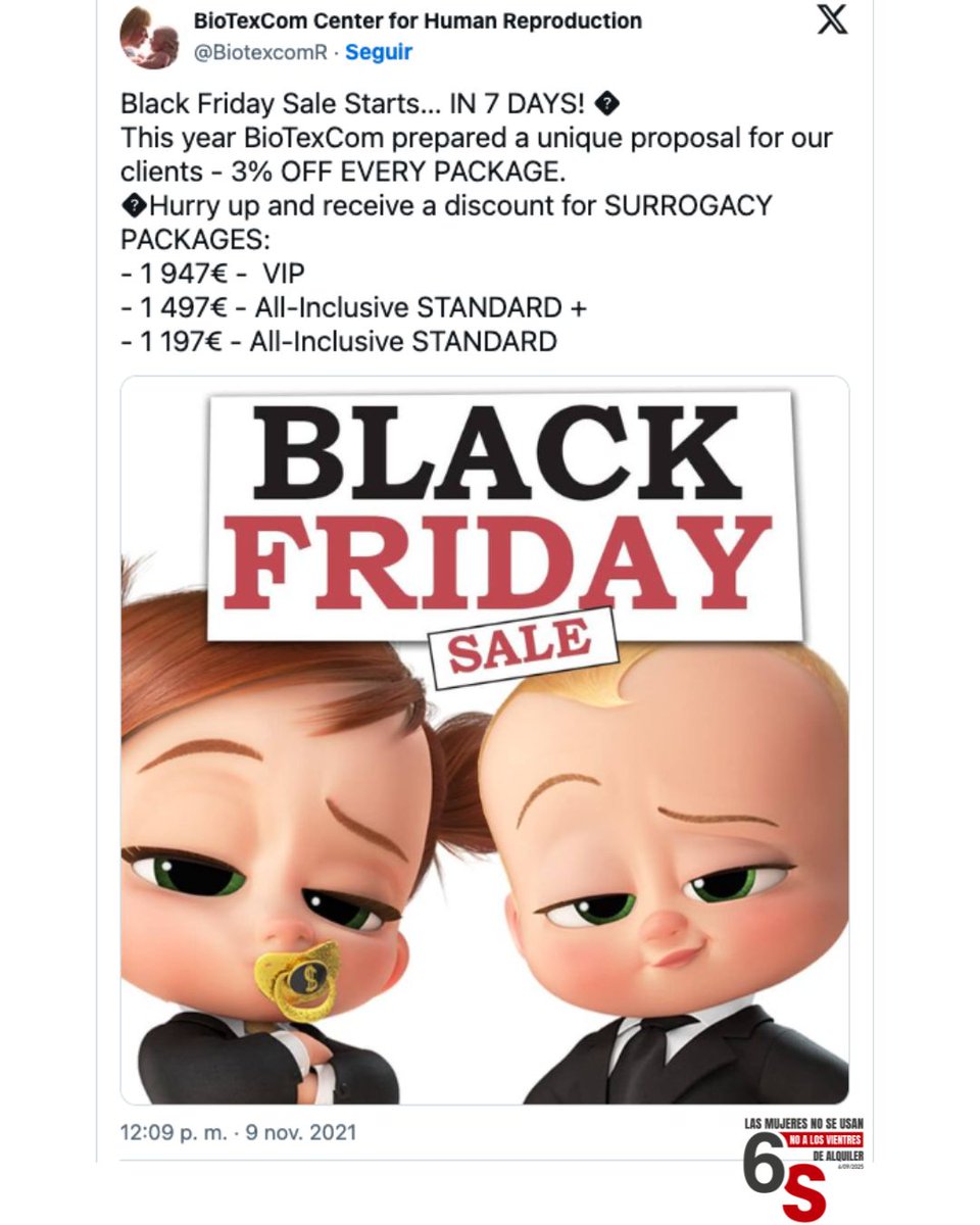 Alquiler de vientres: un mercado en el que las mujeres son la materia prima y los bebés el producto que, a veces, está de rebajas.
📍#6SMadrid Súmate a la acción que convocan numerosas organizaciones feministas para denunciar los intentos de blanquear y legalizar la explotación