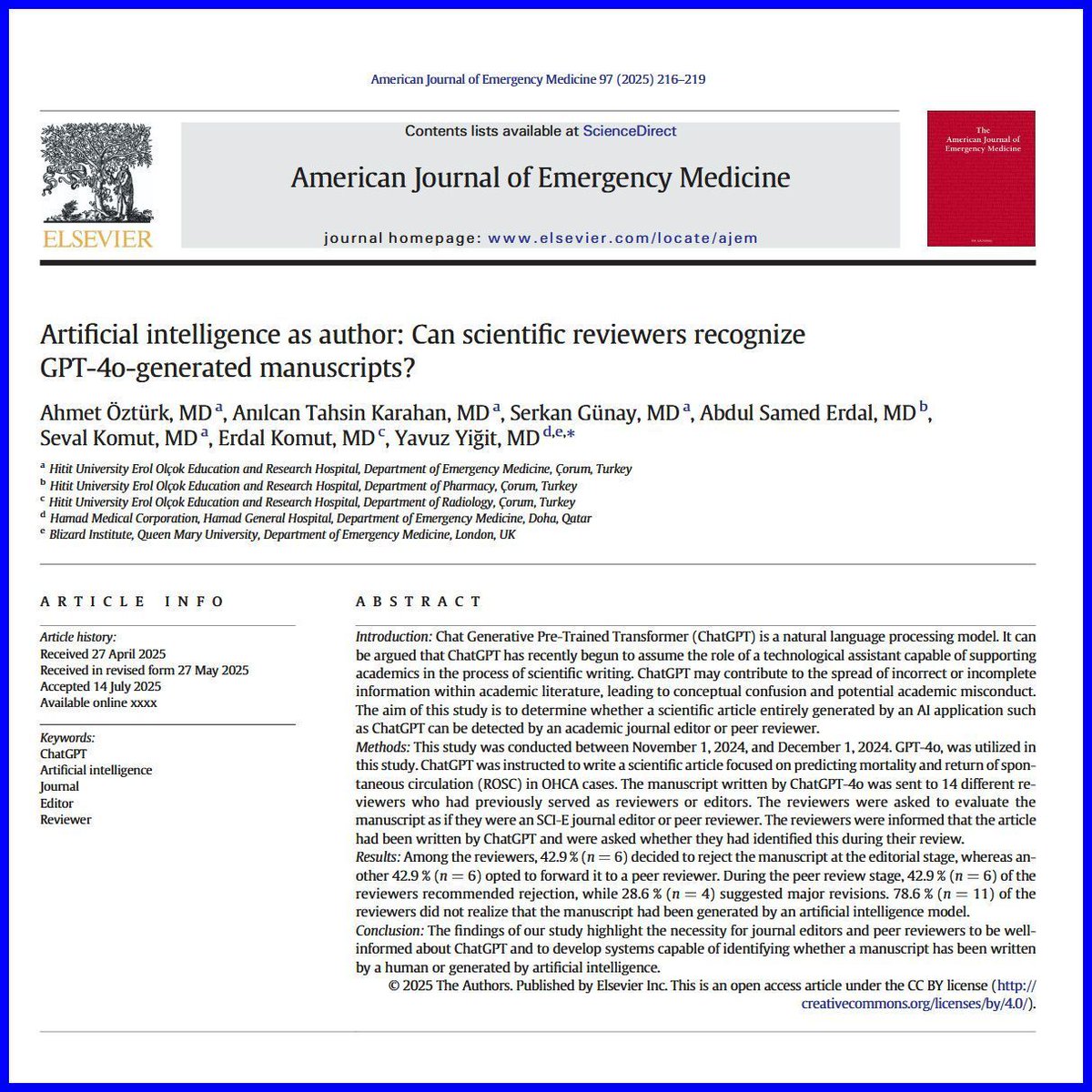 Artificial intelligence as author: Can scientific reviewers recognize GPT-4o-generated manuscripts? buff.ly/RJiCQao