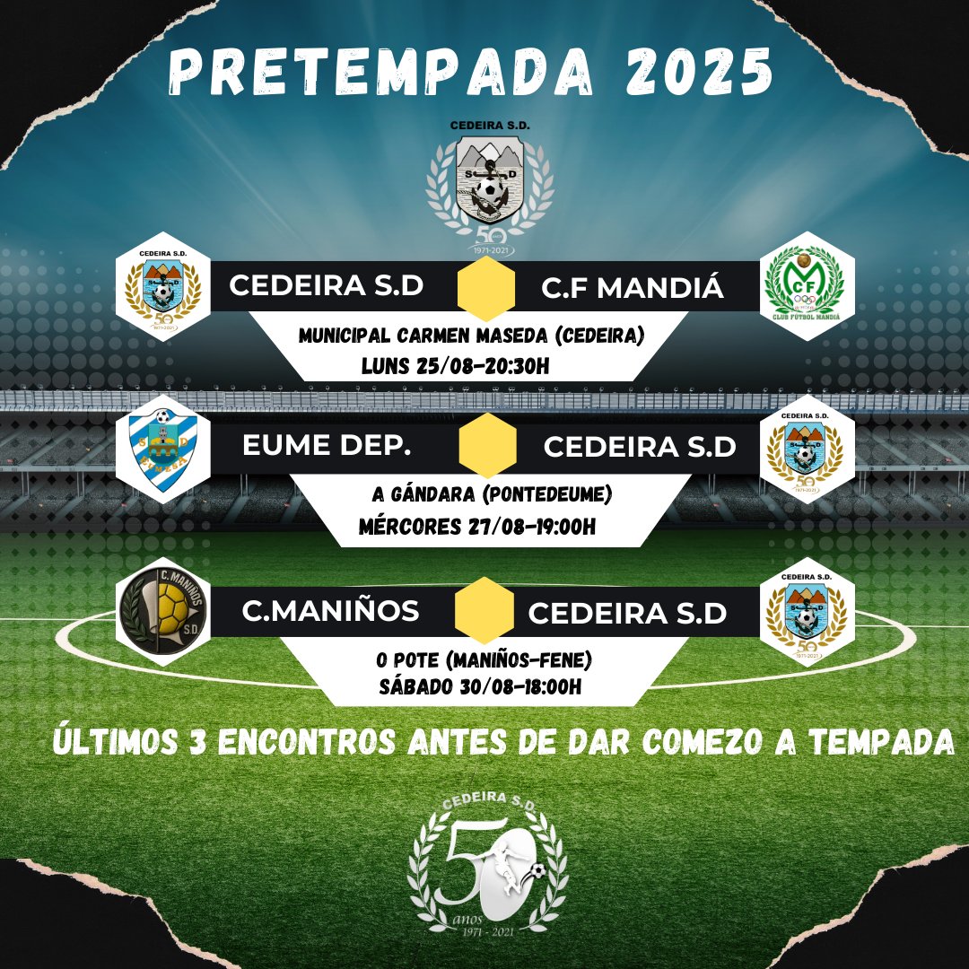 PRETEMPADA 2025/2026 ⚽️🌞⛱️

Aquí temos os últimos encontros da pretempada do noso primeiro equipo,última semana de pretempada antes de empezar a semana de preparación para o comezo de liga.

OPA CEDEIRA 🖤🤍🖤🤍