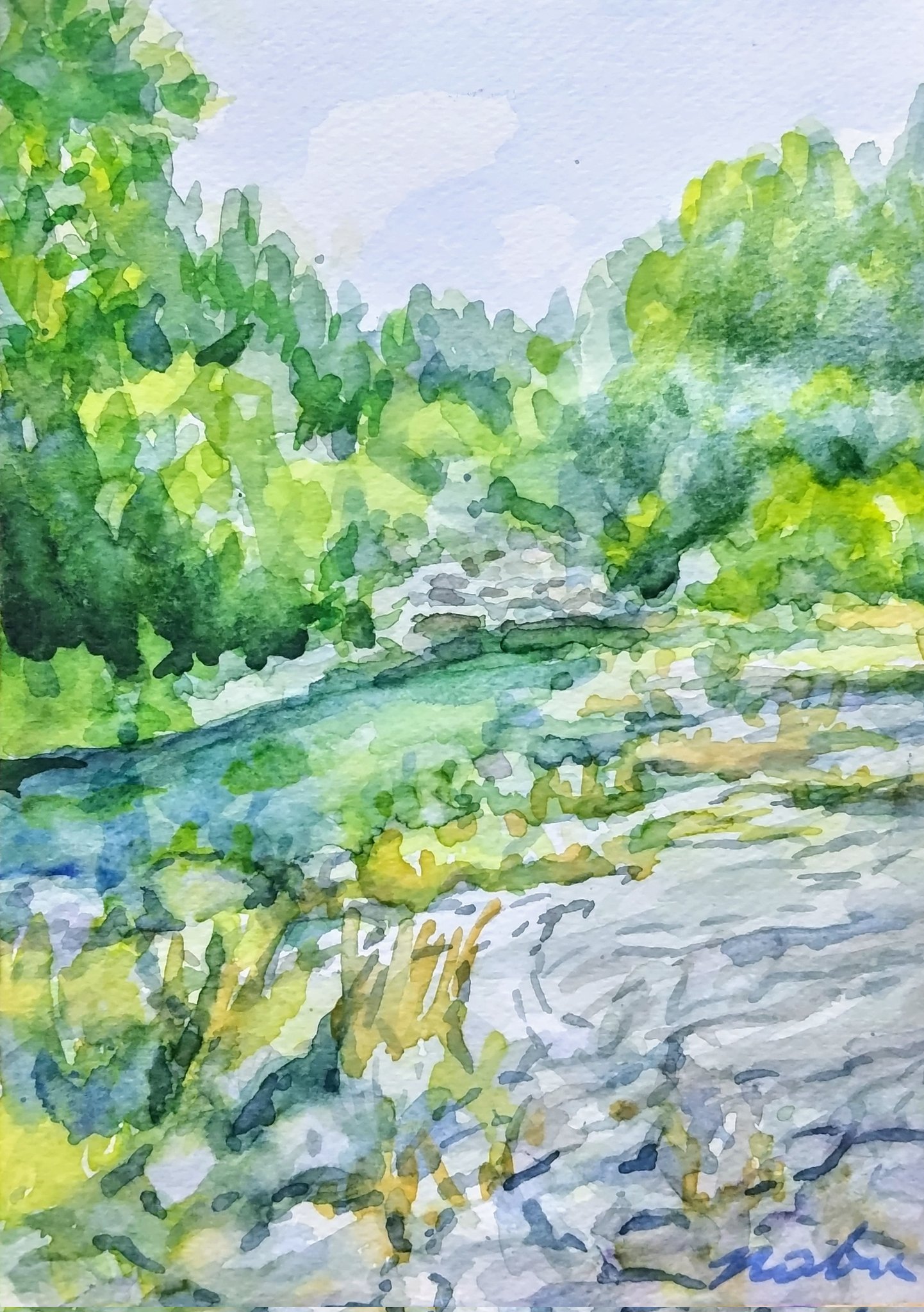 長谷岩友　水彩画 風景画 木製フレーム付き 約23cm x 17cm 長谷岩友 水彩画 風景画 木製フレーム付き 約23cm x 17cm