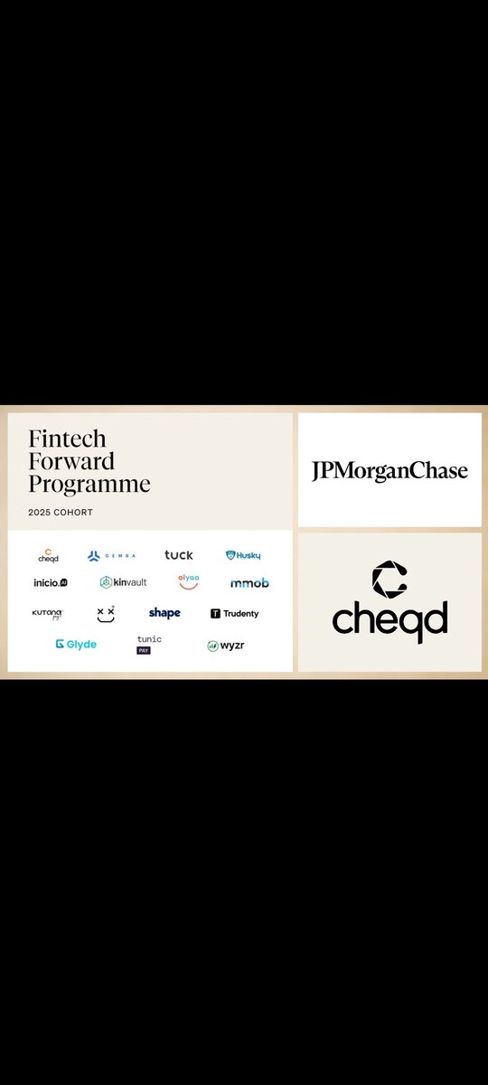 saifi_tiger's tweet image. JPMorgan Chase, the worlds largest bank..

Has selected $CHEQ for its prestigious Fintech Forward Programme 2025 🔥

@cheqd_io is among a group of selected startups who'll receive 12 weeks of mentorship, investor connections and strategic exposure through JP Morgan's vast network