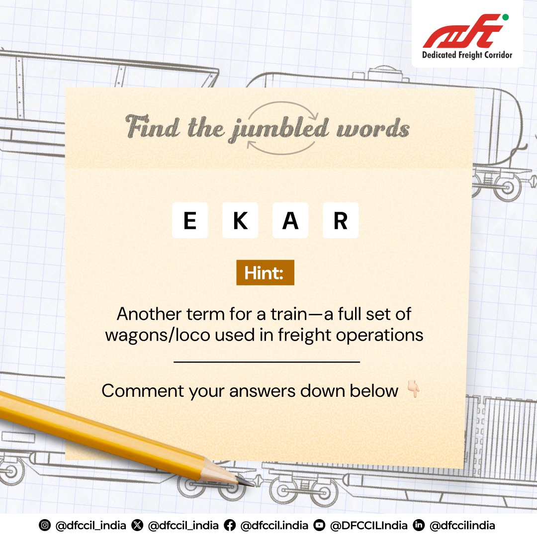 dfccil_india's tweet image. DFCCIL Word Challenge!
Let’s see how sharp your freight logistics vocabulary is!

Drop your answers in the comments and show us you're a true #FreightChampion!

Share this with your friends and test their freight logistics knowledge too!

#DFCQUIZ #DFCCILINDIA