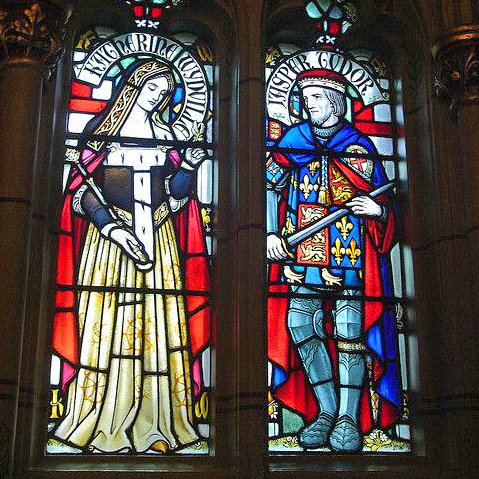 tonyriches's tweet photo. Window in the entrance hall to Cardiff Castle Library of Katherine Wydeville, known as Catherine Woodville (1458 - 1497), sister of Elizabeth Woodville, the queen of King Edward IV of England, with her second husband, Jasper Tudor, (1431- 1495) #Tudors #StainedGlassSunday https://t.co/yJNFsrx9cG
