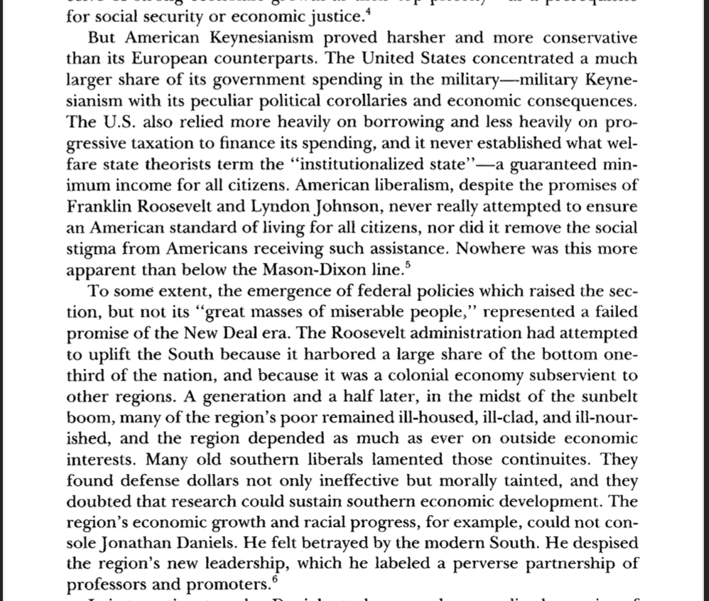 Bruce Schulman makes great points about American postwar prosperity being built much more upon military keynesianism than a welfare state (Corporations favored the former bc it gave them more power). <a href="/_TimBarker/">Tim Barker</a> 's revolutionary dissertation is the first to fully develop that arg