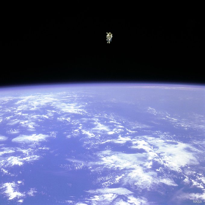 Astronaut Bruce McCandless II floats untethered away from the space shuttle, with nothing but his Manned Maneuvering Unit keeping him alive. The first person in history to do so. (NASA)