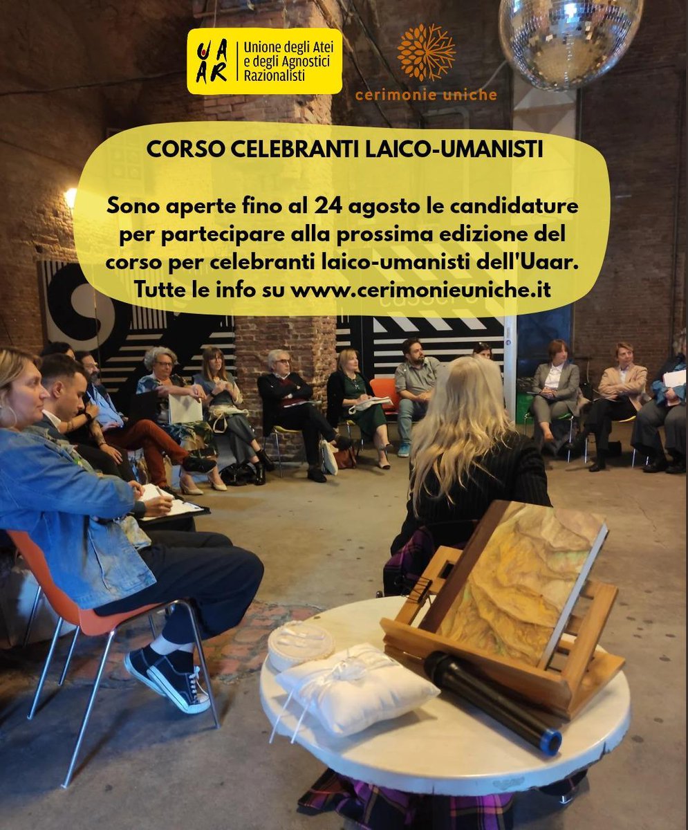 C'è tempo fino a oggi per candidarsi al corso per celebranti laico-umanisti promosso dal progetto Cerimonie Uniche dell'Uaar!
Il corso è gratuito e riservato ai soci Uaar. 👇
cerimonieuniche.it/anno-formativo…