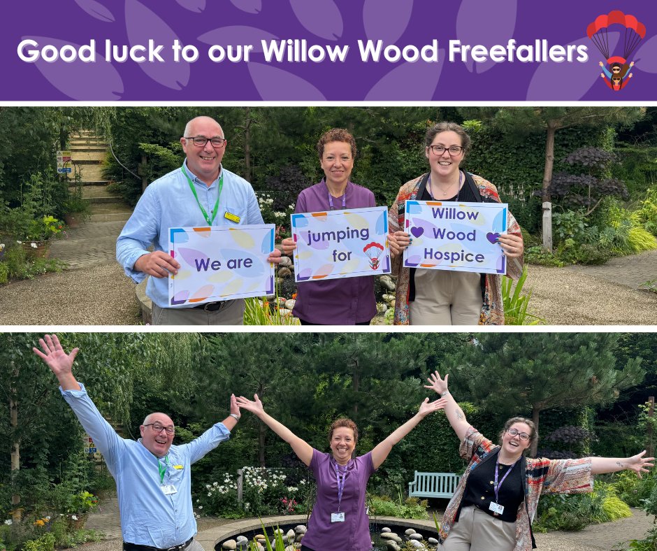 Today, Bethan (Family Support Lead), Mark (Volunteer Chaplain) and Sharon (Complementary Therapy Co-ordinator) – are taking on a 15,000ft skydive in support of the Hospice 💛

They've even rallied friends and family to join them 🤗

Please join us in wishing them well 💪