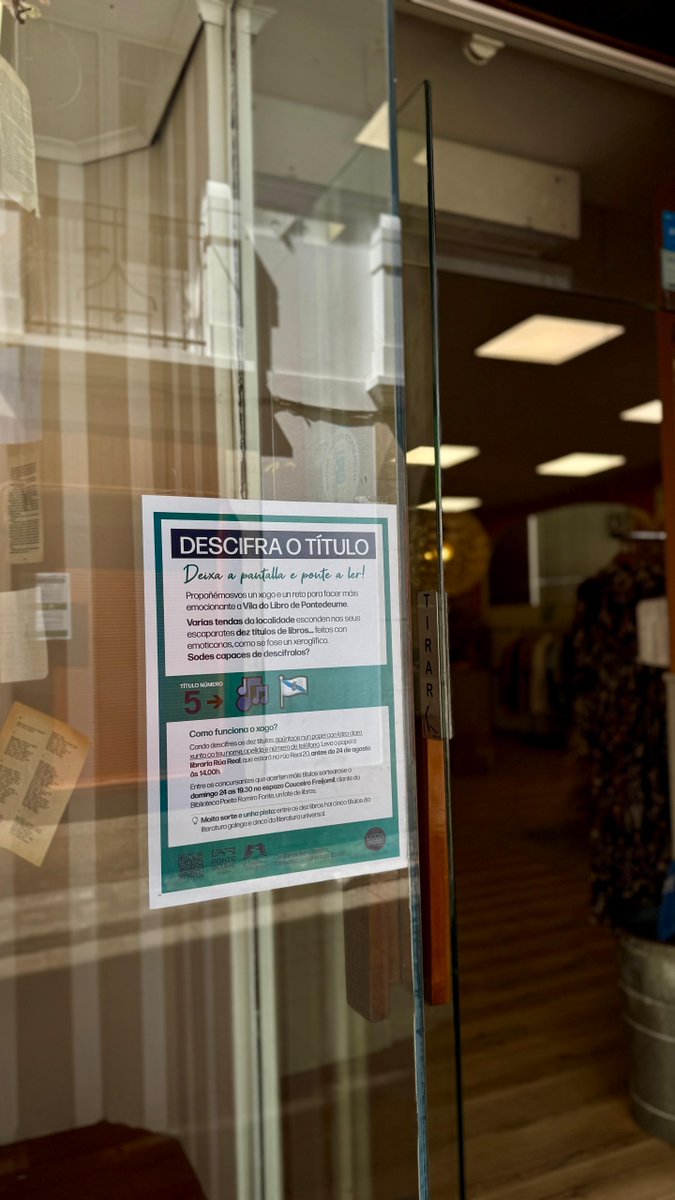 XOGA! É o último día da #VilaDoLibro e tés ata as 14.00h para participar

👉 Descifra os 10 títulos feitos con emoticonas
👉 Anótaos nun papel co teu nome e teléfono
👉 Entrégao na Libraría Rúa Real antes das 14:00h
Gana un LOTE DE LIBROS ás 19:30h no Escenario Couceiro Freijomil