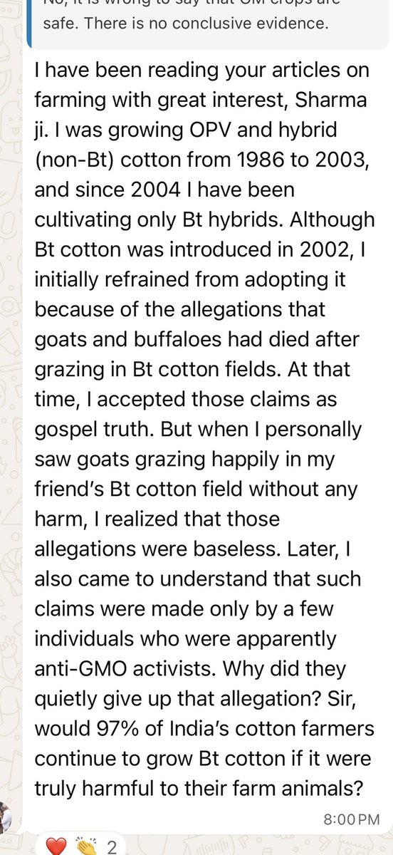 Despite History of safety Over Two Decades of #GM_crop cultivation in many countries, including India, &amp; numerous studies, still anti-GM fear-mongers say - There is no conclusive evidence on the #safety of #GMOs
read a response from a #BtCotton_Farmer, Mr. Ravichandran, TN, India