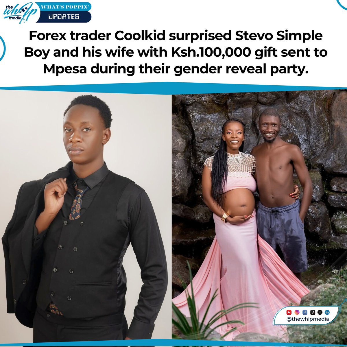 thewhipmedia's tweet image. Forex trader Coolkid surprised Stevo Simple Boy and his wife with a generous Ksh.100,000 gift, sent straight to their M-Pesa, during their much-anticipated gender reveal party. 

#thewhipmedia #whatspoppinupdates 
#StevoSimpleBoy #CoolkidForex #GenderReveal