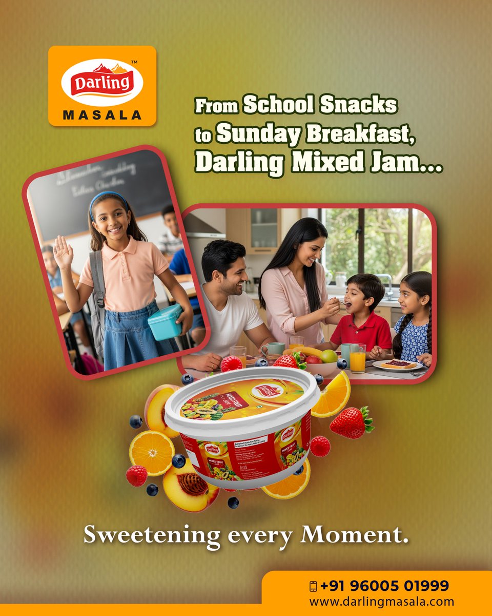DarlingMasala's tweet photo. From tiffin boxes to lazy Sundays—
Every spoon of Darling Mixed Jam adds a little more joy.
Sweet moments, made sweeter.

For more details, call us at 96005 01999 or
Order online at https://t.co/VtrajuLDn9

#DarlingMasala #DarlingMixedJam #SpreadTheJoy #SweetMoments #JamLovers https://t.co/wJaljRvfQs