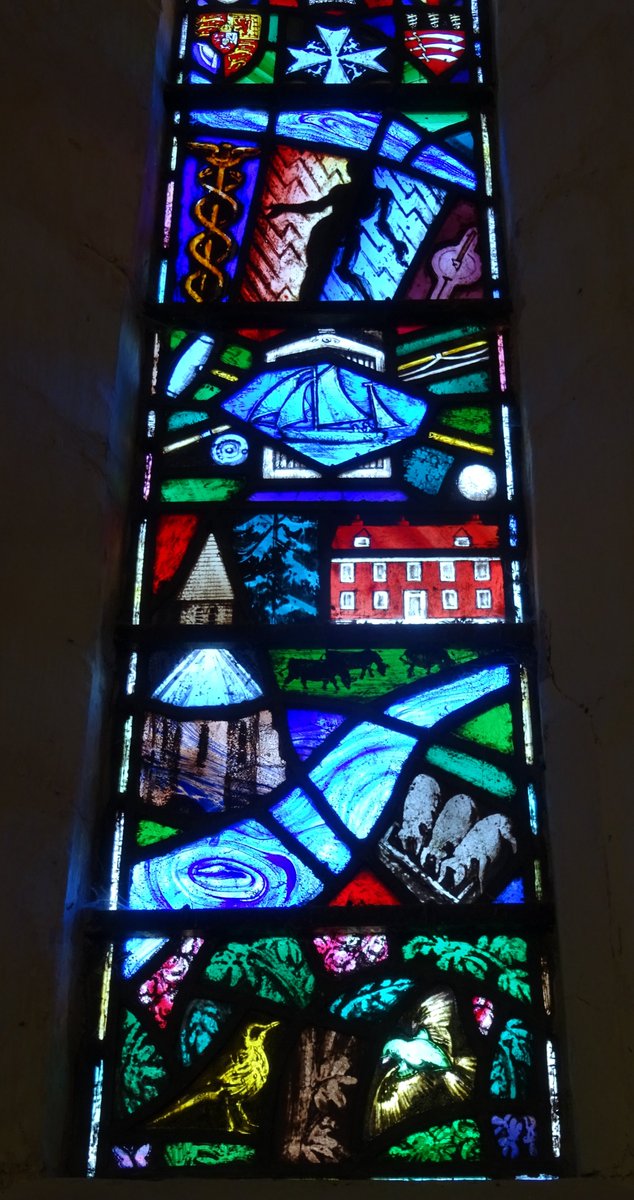 #StainedGlassSunday  We Berkshire folk like our hogs; snouts in the trough here by the river Pang, in this detail from a 1962 commemorative window in St Laurence, Tidmarsh.

Designed by Brian Thomas OBE, and executed by Whitefriars  Glass Co.