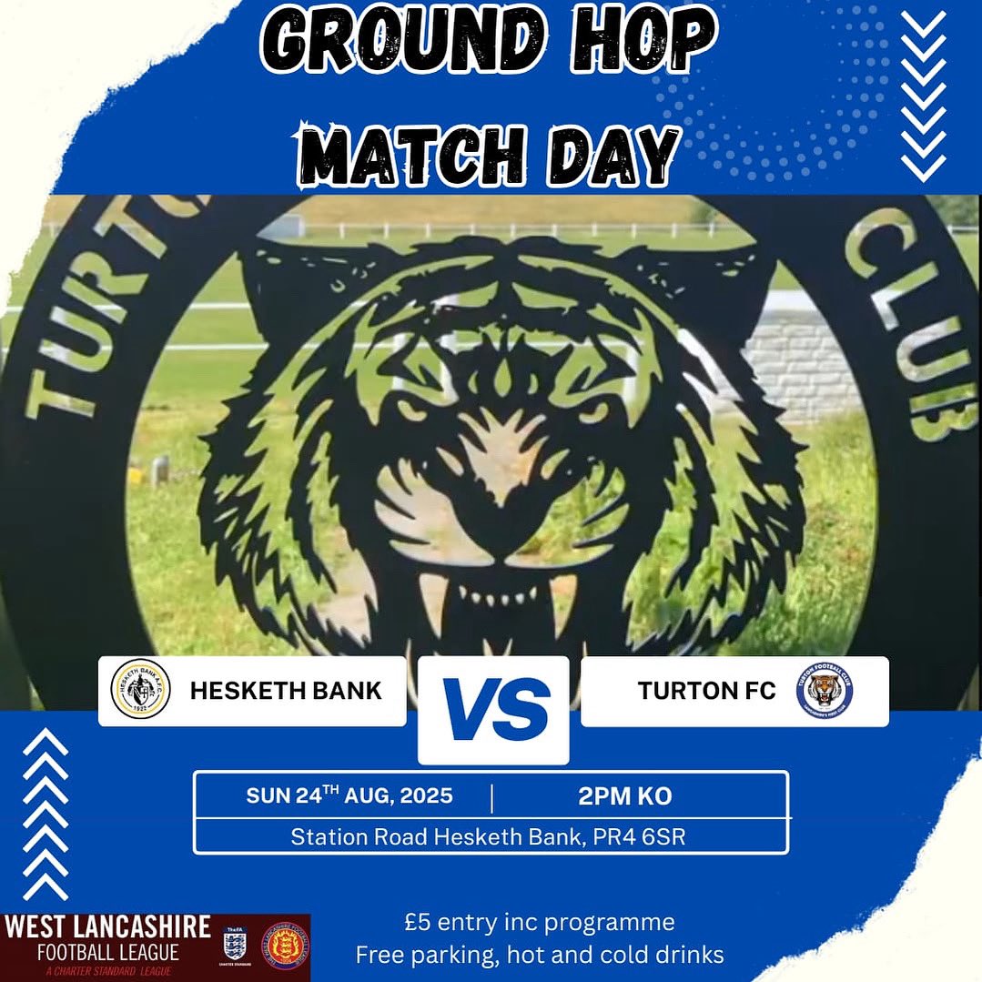 Game Day - yes Sunday!⚽️

We take part in the <a href="/westlancsleague/">West Lancashire League</a> Ground Hop weekend as we travel over to <a href="/Heskethbankfc/">Heskethbankafc</a> for 2pm ko

Busy crowd expected as @WestLancsHop25 is bringing football supporters from across the UK to take in games accross the BH weekend

Support welcome 🐯