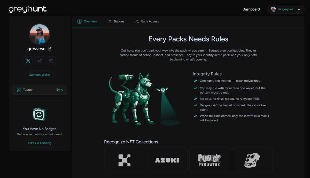 Today's alpha is <a href="/GreyhuntAI/">Greyhunt</a>, it sounds like greyvese hunting haha

Okay so it's basically your all-in-one AI friends for on-chain data like whale tracking, network vibes, and real-time alpha… all in one sleek terminal.

The full platform is dropping soon, but early access can