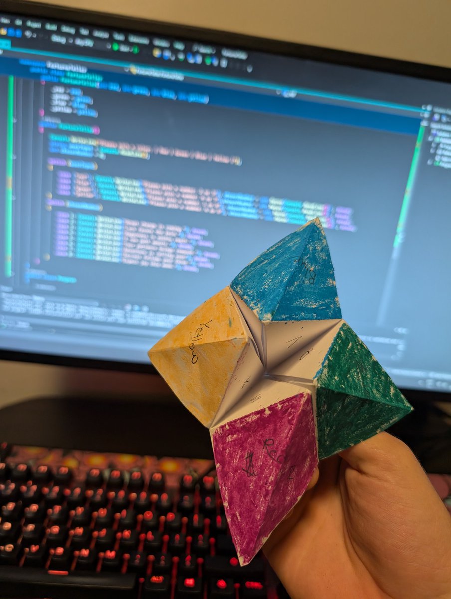 AttackTheSyntax's tweet image. Just learned everything about fields, constructors, and switched. Made a little paper fortune teller.
Can you spot the mistake I forgot to fix?
