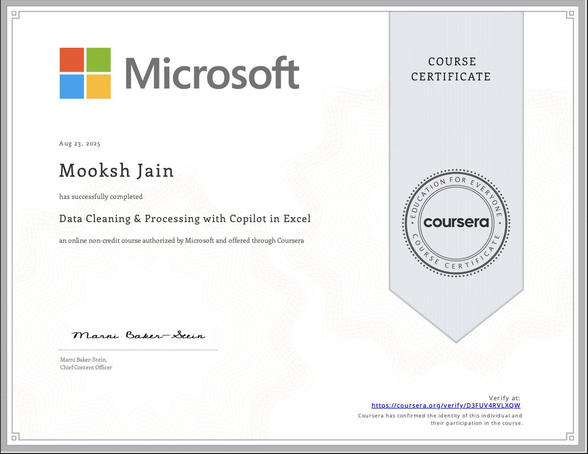 Maverickbitcode's tweet image. Just earned certificate 2 of 4 on my Microsoft Learn journey—Data Cleaning & Processing with Copilot in Excel! Leveling up my spreadsheet game with AI-powered workflows. Onward to course #3!