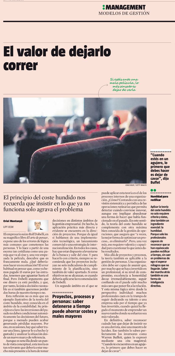 Oriol Montanyà (@oriolmv) on Twitter photo Has continuat veient una pel·li dolenta només perquè ja havies pagat l’entrada?
Se’n diu teoria del “cost enfonsat”.
A les empreses també passa: projectes, processos o persones que mantenim per inèrcia.
Saber parar a temps és intel·ligència directiva.
En parlo a <a href="/LaVanguardia/">La Vanguardia</a> Has continuat veient una pel·li dolenta només perquè ja havies pagat l’entrada?
Se’n diu teoria del “cost enfonsat”.
A les empreses també passa: projectes, processos o persones que mantenim per inèrcia.
Saber parar a temps és intel·ligència directiva.
En parlo a <a href="/LaVanguardia/">La Vanguardia</a>