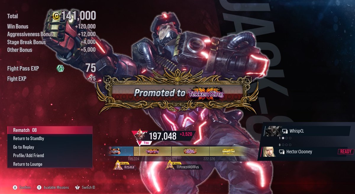 Bueno, jugando como un par de veces al mes llegué lentamente  a Tekken King.
No es que sea el rango máximo ni nada, pero suena bonito el rango así que quedo conforme.