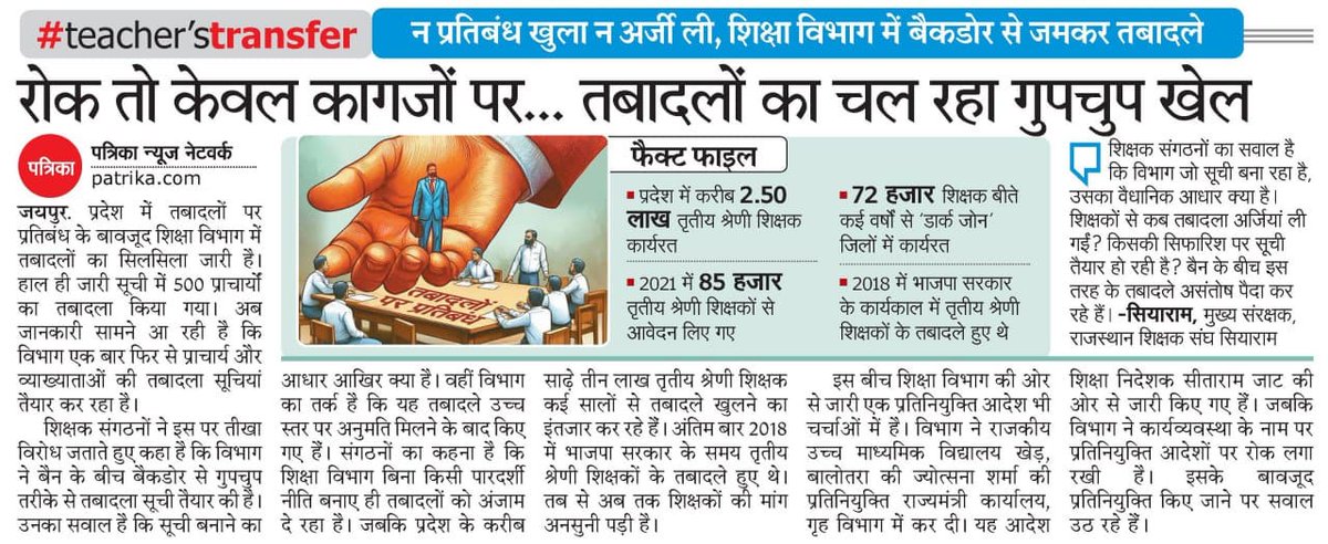 शिक्षकों के ट्रांसफर किए जाए लेकिन प्रतिबंध हटाकर,गुपचुप का खेल बंद हो..

मुख्यमंत्री जी से अनुरोध है शिक्षकों की पीड़ा को समझते हुए संगठन की मांगों को जल्द पूरा करवाए।
<a href="/BhajanlalBjp/">Bhajanlal Sharma</a>
<a href="/madandilawar/">Madan Dilawar</a>
<a href="/rajeduofficial/">Dept of Education, Rajasthan</a>
<a href="/rsssiyaram/">राज.शिक्षक संघ(सियाराम)</a>
<a href="/Mukeshmahar_/">Mukesh Meena</a>
<a href="/rpbreakingnews/">Rajasthan Patrika</a>
<a href="/padonnati/">शिक्षक पदोन्नति संघर्ष समिति राजस्थान</a>
<a href="/BJP4Rajasthan/">BJP Rajasthan</a>