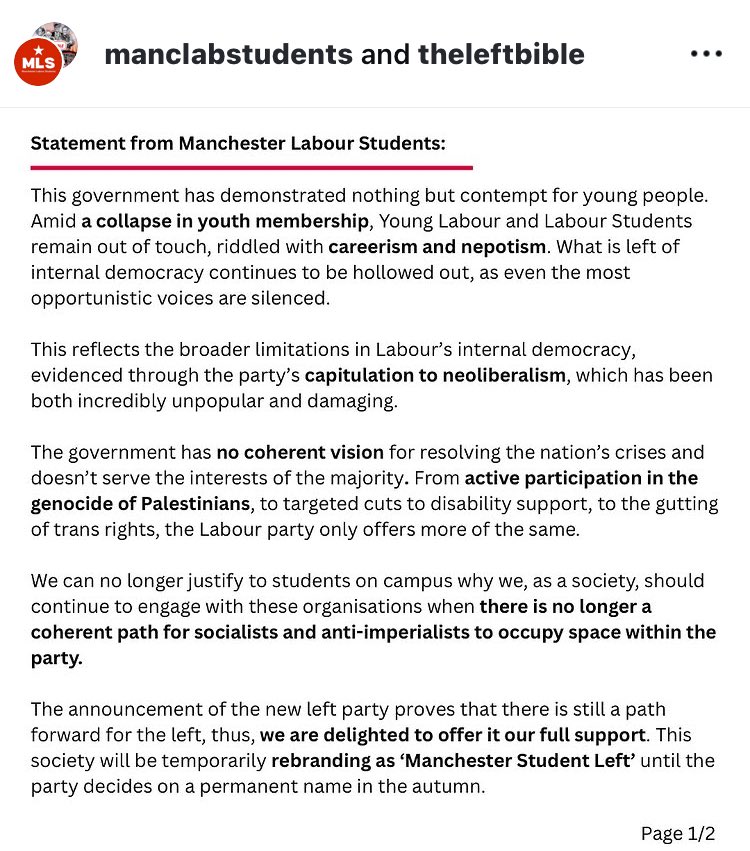 HattieSimpson_'s tweet image. Manchester Labour Students has just followed Warwick and Newcastle in disaffiliating from the Labour Party, taking the total to 4 universities who have defected in just the past month!
(Manchester represents both Uni of and Manchester Met)