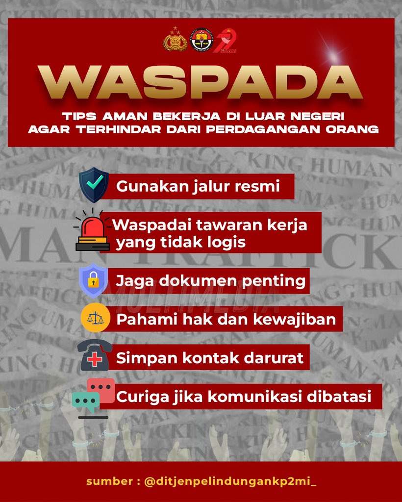 Banyak orang mendambakan kesempatan untuk bekerja di luar negeri demi masa depan yang lebih baik. Namun, di balik potensi keuntungan, ada juga risiko penipuan yang mengintai.

#HariAntiPerdaganganOrang
Komitmen Polri Bersama Berantas TPPO