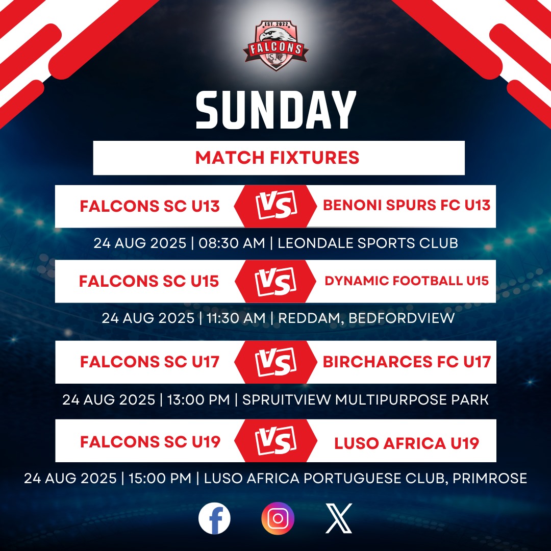 FalconsSC's tweet photo. Come witness the grit, the goals, and the glory as our Falcons soar across Gauteng!

🟥 U13 vs Benoni Spurs
🟥 U15 vs Dynamic Football
🟥 U17 vs Birchacres
🟥 U19 vs Luso Africa

Bring your energy. Bring your voice. Let’s make the sidelines shake🔊🔥

 #YouthFootball #FalconsFC https://t.co/94c1PTRATj